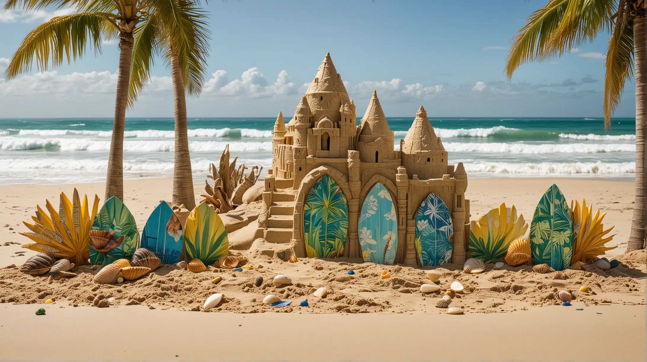 Sunshades and surf boards yellow, green, and blue. An ocean in the background and thick, palm leaves. With a fun sand castle and sea shells.
