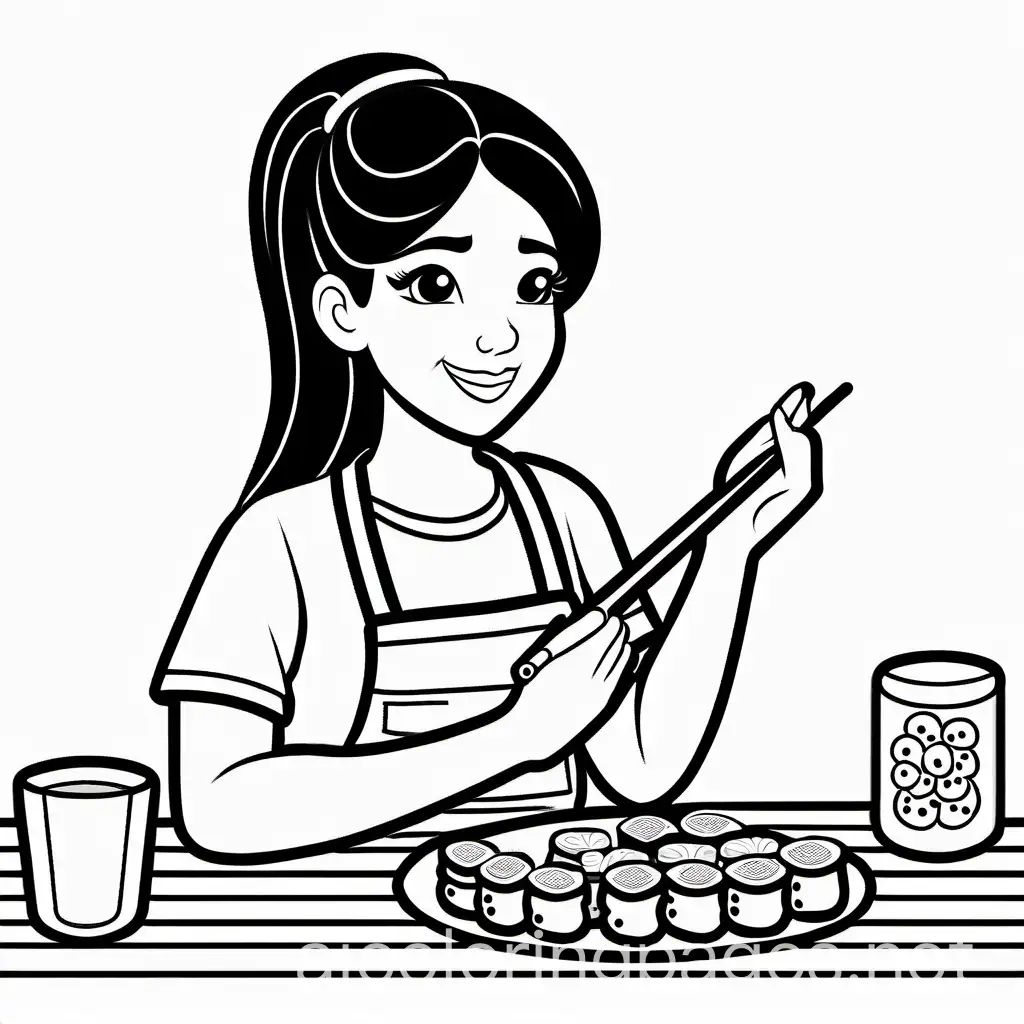 teen girl with dark hair eating sushi, Coloring Page, black and white, line art, white background, Simplicity, Ample White Space. The background of the coloring page is plain white to make it easy for young children to color within the lines. The outlines of all the subjects are easy to distinguish, making it simple for kids to color without too much difficulty