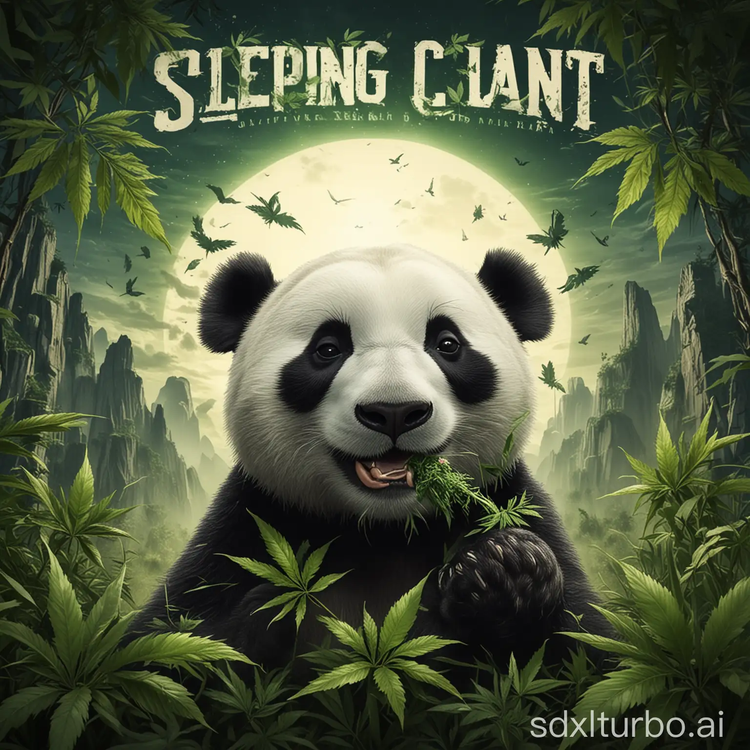 create a cover art for a music album tittle sleeping giant using a panda with weed leaf in its mouth to illustrate the tittle