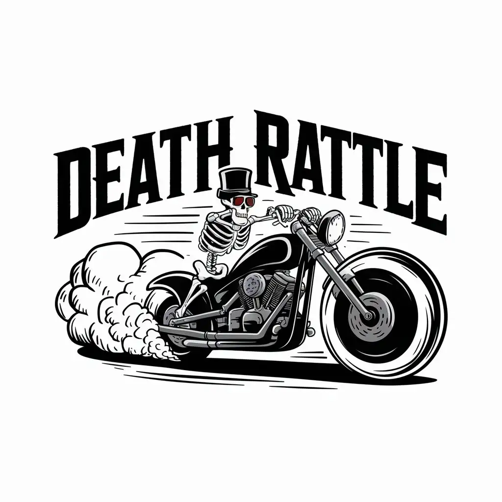 a logo design,with the text "death rattle", main symbol:skeleton motorcycle burnout smoke white backround tophat,complex,clear background