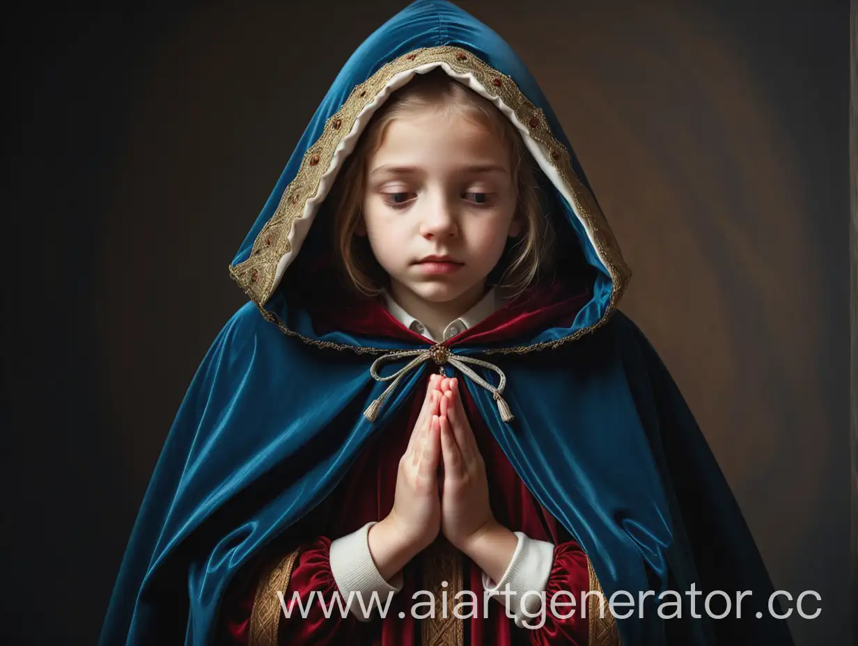 praying girl in a cape with a hood in the Renaissance style