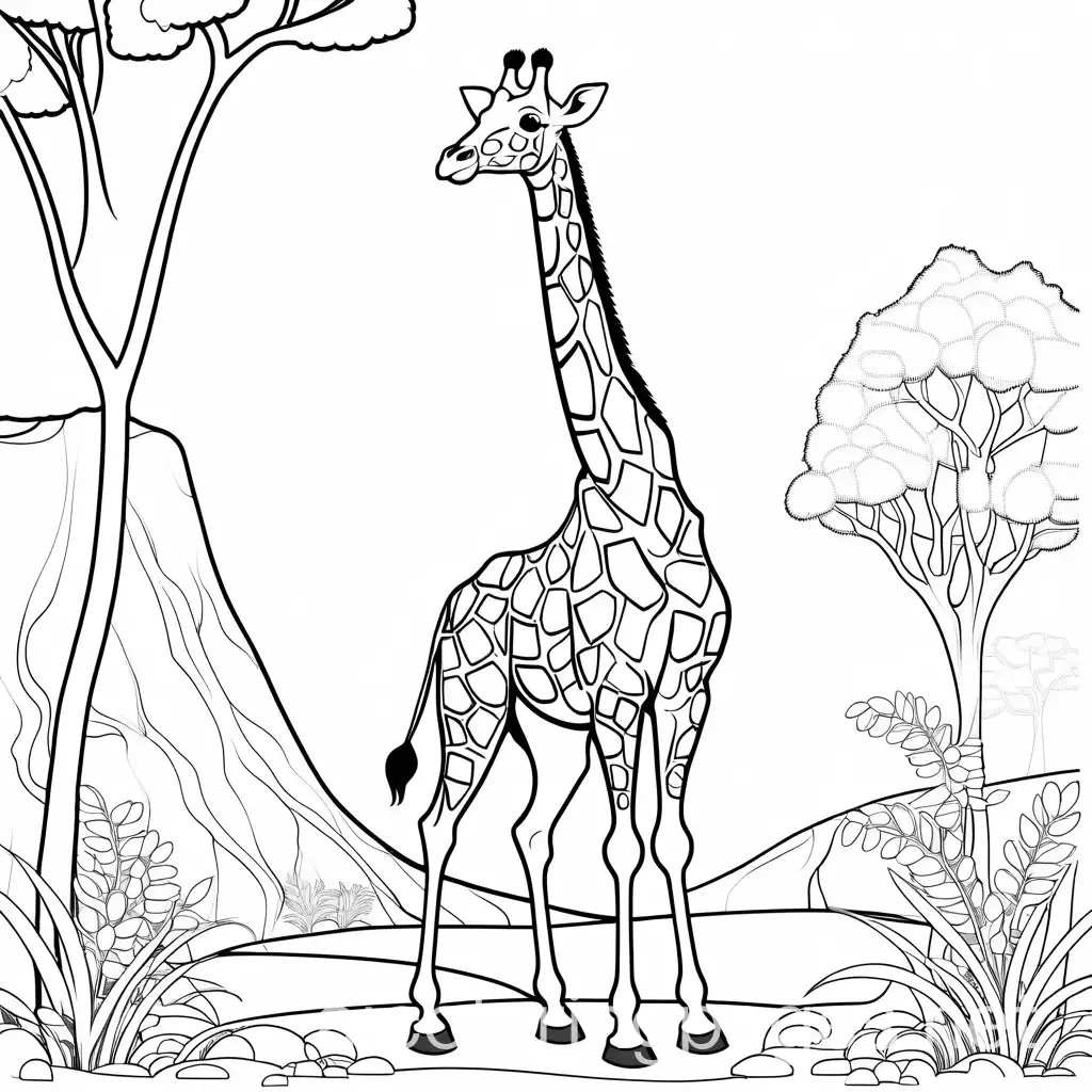 giraffe in a zoo cartoon
, Coloring Page, black and white, line art, white background, Simplicity, Ample White Space. The background of the coloring page is plain white to make it easy for young children to color within the lines. The outlines of all the subjects are easy to distinguish, making it simple for kids to color without too much difficulty