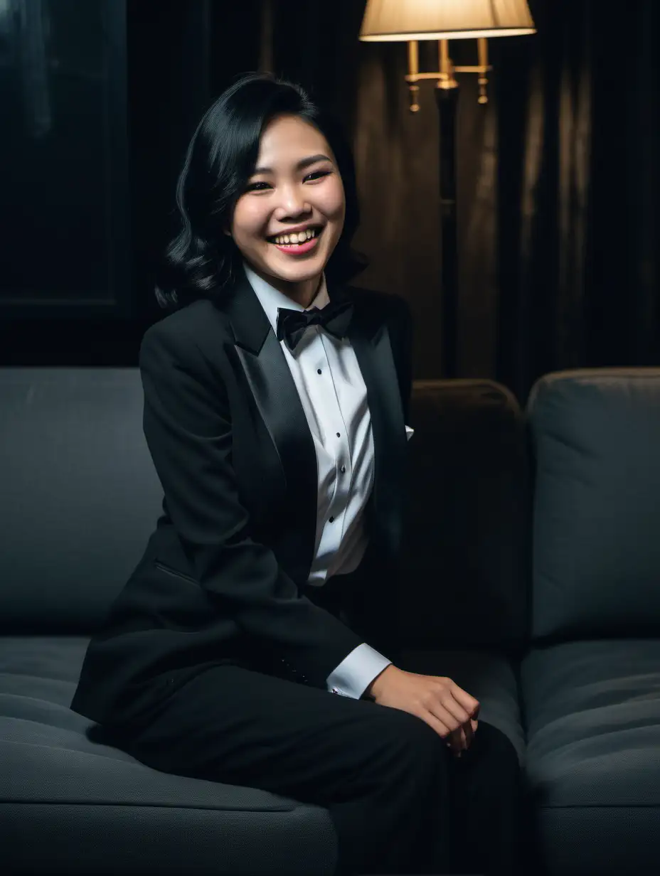 An elegant and sophisticated Vietnamese woman with shoulder length black hair is sitting on a couch in a dark room.  She is wearing a tuxedo with a (white shirt with a black bow tie). (Her pants are black
9.  She is smiling and laughing.