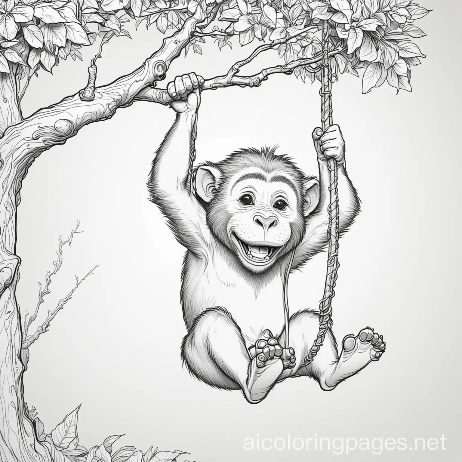cartoon happy baboon swinging from a tree, Coloring Page, black and white, line art, white background, Simplicity, Ample White Space. The background of the coloring page is plain white to make it easy for young children to color within the lines. The outlines of all the subjects are easy to distinguish, making it simple for kids to color without too much difficulty