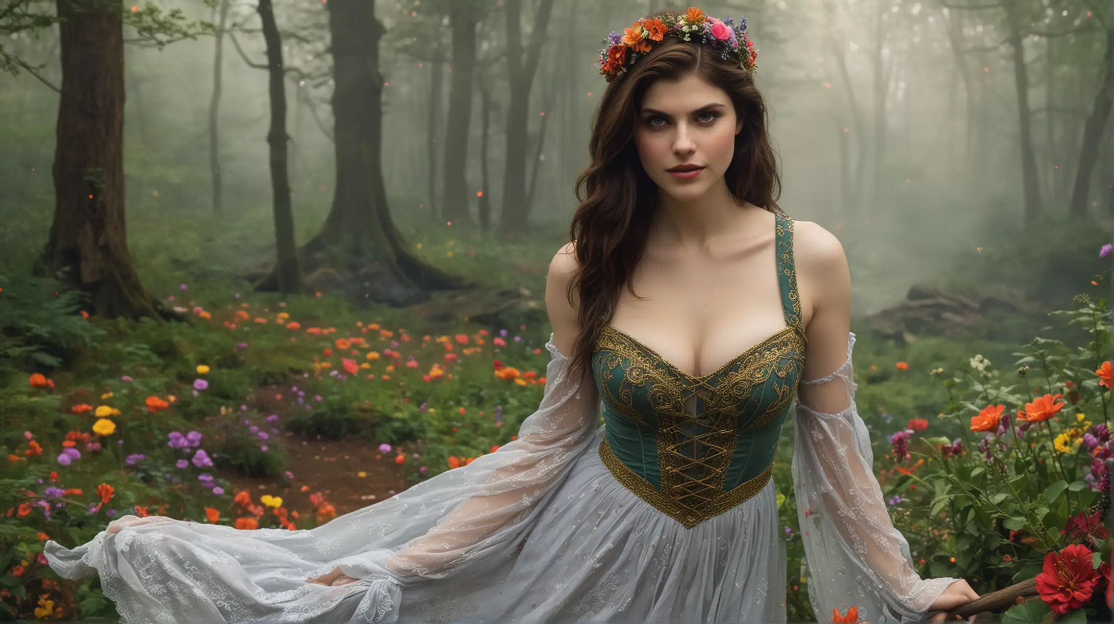 Alexandra Daddario as celtic princess, sexy clothes, big boobs, surrounded by gorgeous colorful flowers, fantasy forest, smile, magic, fire, fog