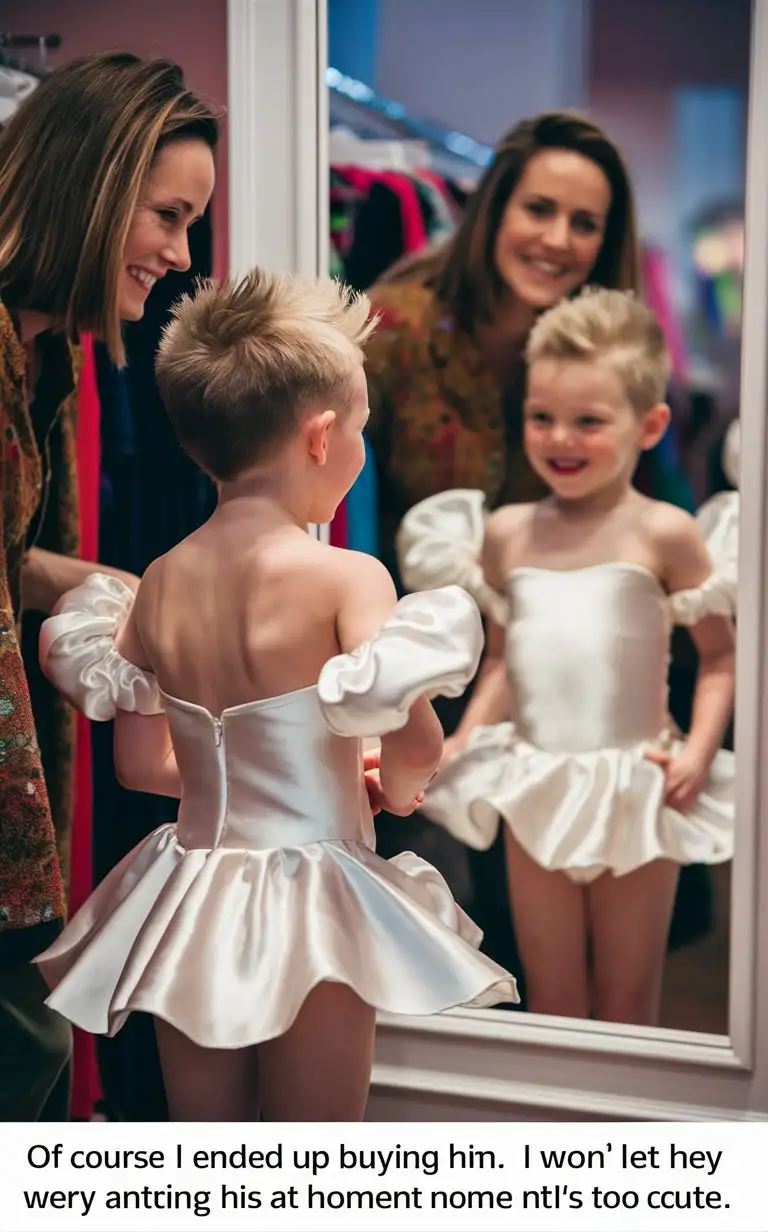 Gender role-reversal, Photograph of a Small 4-year-old white British boy with a cute face and short smart spiky blonde hair shaved on the sides, boy’s mother is taking him shopping for new clothes, the boy’s mother can’t resist having the boy try on a silky white professional ballerina strapless leotard dress with poofy sleeves and silky white gloves, the boy is laughing at himself in the mirror, adorable, perfect children faces, perfect faces, clear faces, perfect eyes, perfect noses, smooth skin, the photograph is captioned “Of course I ended up buying him it. I won’t let him wear anything else at home now it’s too cute”