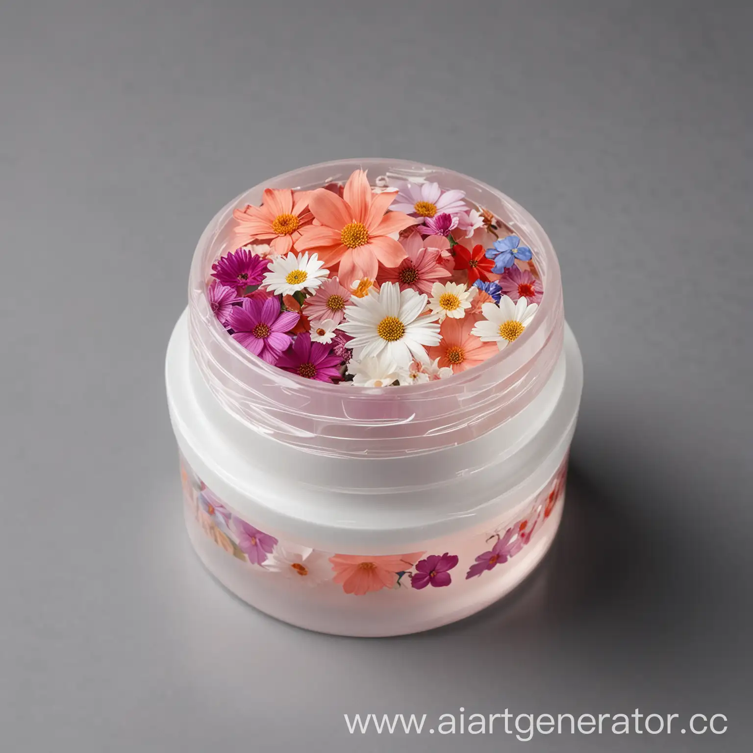 cosmetic cream in a high cone-shaped translucent plastic package with a pattern of multicolored flowers with a white lid
