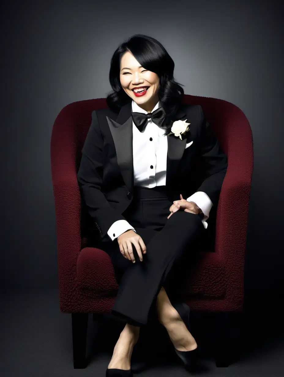 A pretty 40 year old Asian woman with black shoulder length hair and red lipstick is sitting in a plush chair in a dark room.  She is smiling and laughing.  She is wearing a tuxedo with (black pants).  Her jacket is black and open.  Her shirt is white with a black bow tie.  Her cufflinks are large and black.  Her jacket has a corsage.