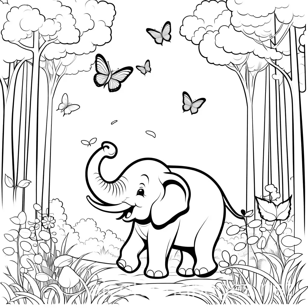 cartoon happy elephant chasing a butterfly in the forest, Coloring Page, black and white, line art, white background, Simplicity, Ample White Space. The background of the coloring page is plain white to make it easy for young children to color within the lines. The outlines of all the subjects are easy to distinguish, making it simple for kids to color without too much difficulty