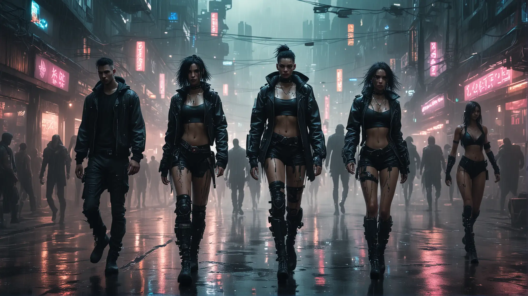 the gang of young cyberpunk men and women runs through a wide street of a cyberpunk city, dark, many lights, hard rain