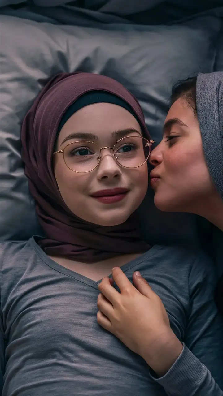 Two Teenage Girls in Hijab Sharing a Tender Moment on a Bed