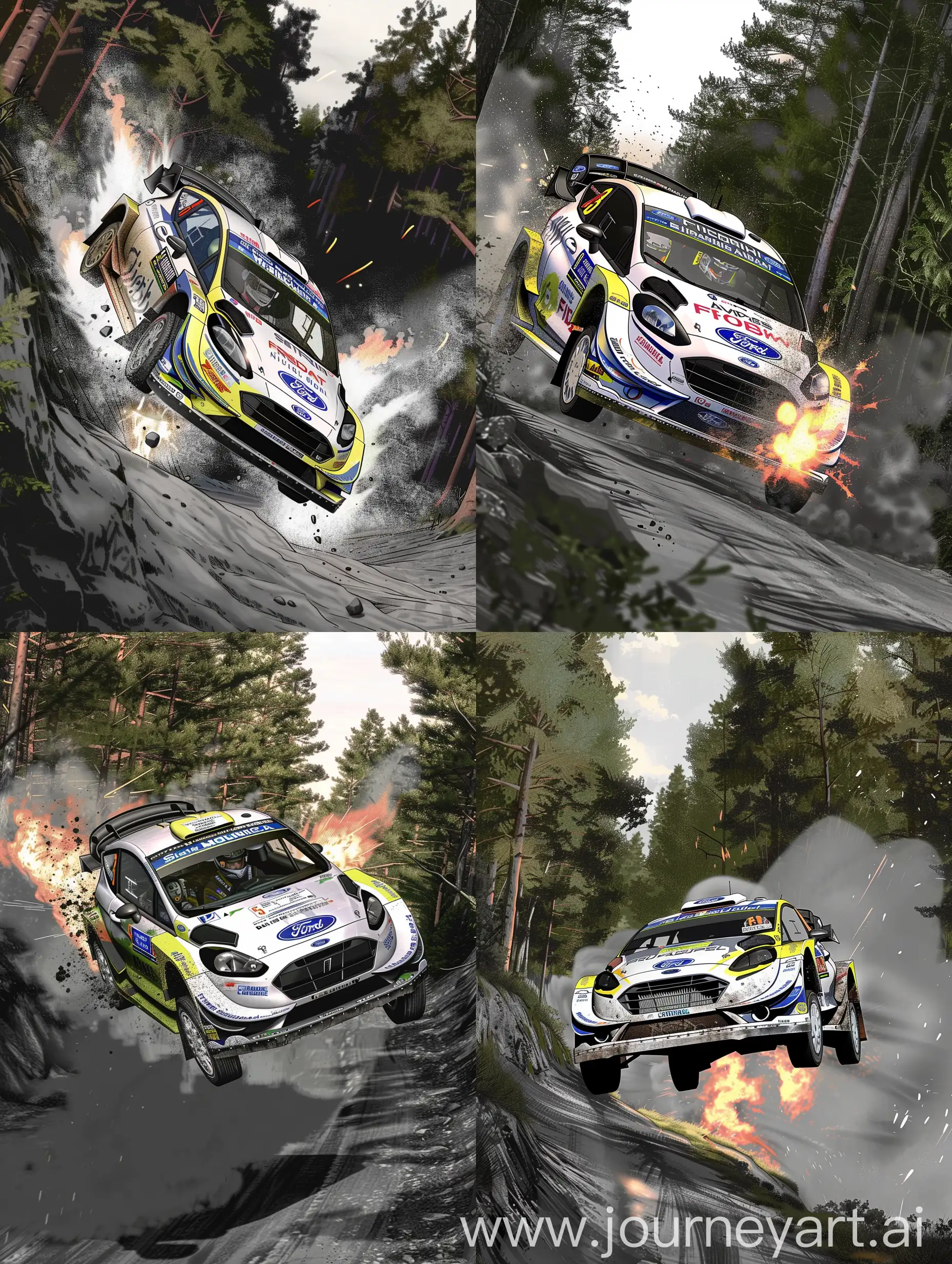a manga panel about a rally driver driving a ford fiesta wrc wearing a full face helmet that crashes into a ravine and burst into flames