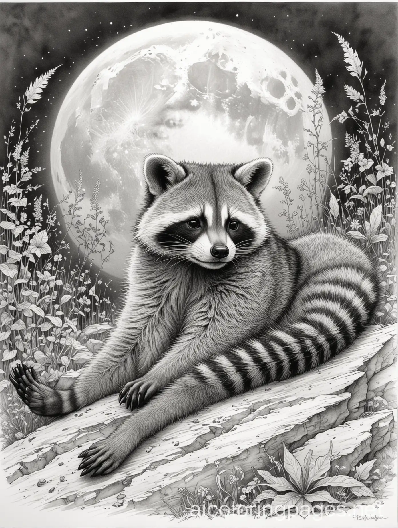 beneath an ivory moon, the raccoon lay sleeping, Jean-Baptiste Monge style, Coloring Page, black and white, line art, white background, Simplicity, Ample White Space. The background of the coloring page is plain white to make it easy for young children to color within the lines. The outlines of all the subjects are easy to distinguish, making it simple for kids to color without too much difficulty