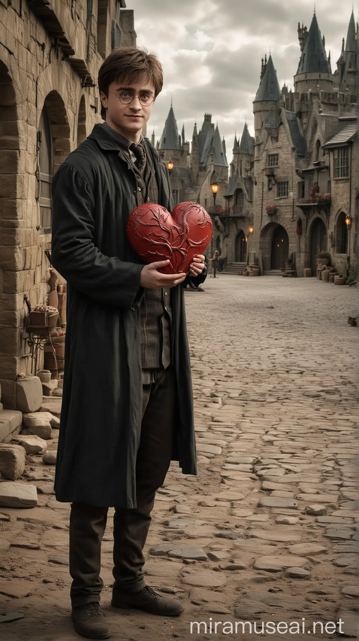 harry potter holding a heart against the backdrop of a Game of Thrones location with elements of House of the Dragon