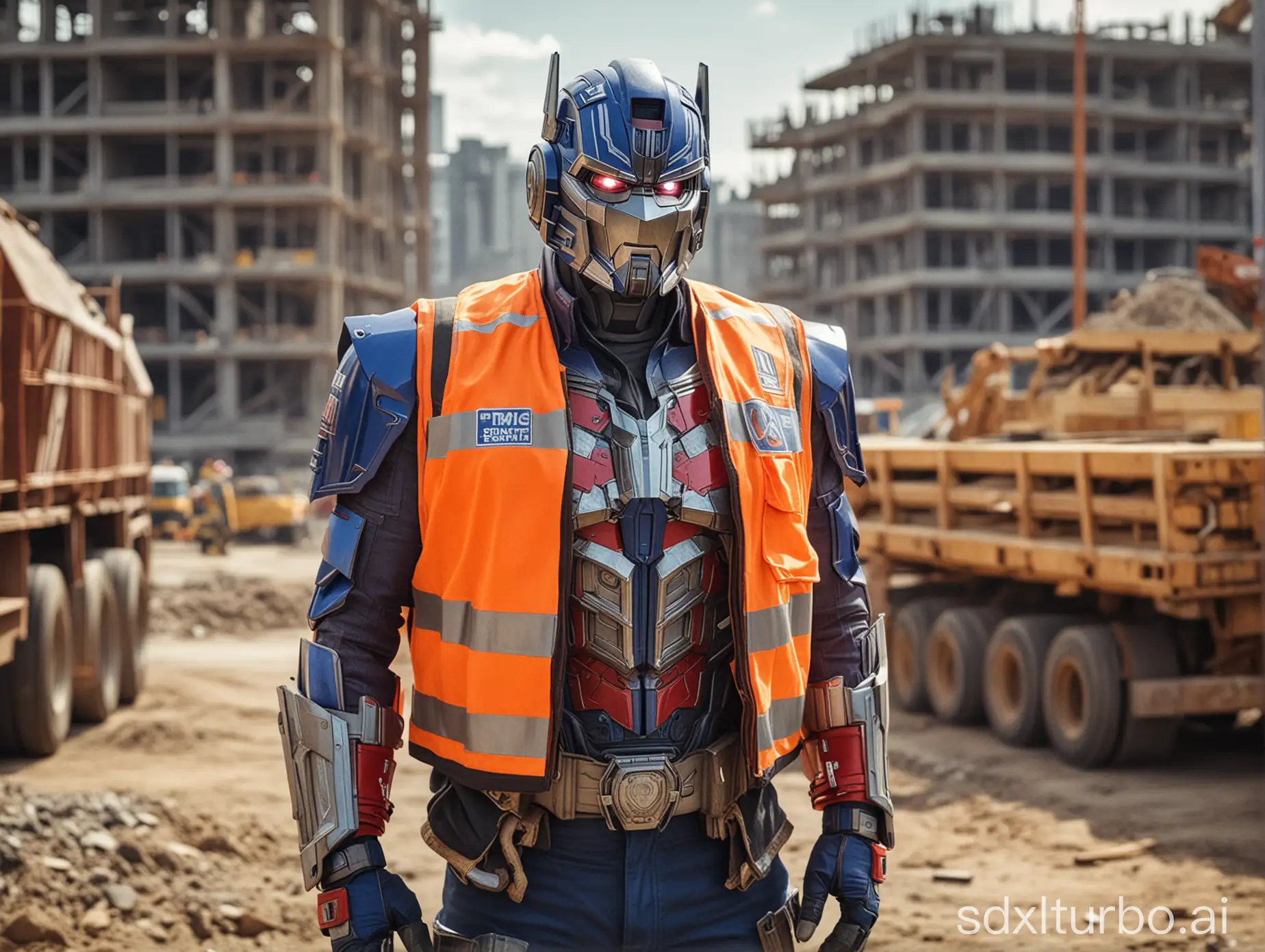 Optimus Prime, wearing a safety helmet and a work vest, is at a construction site.