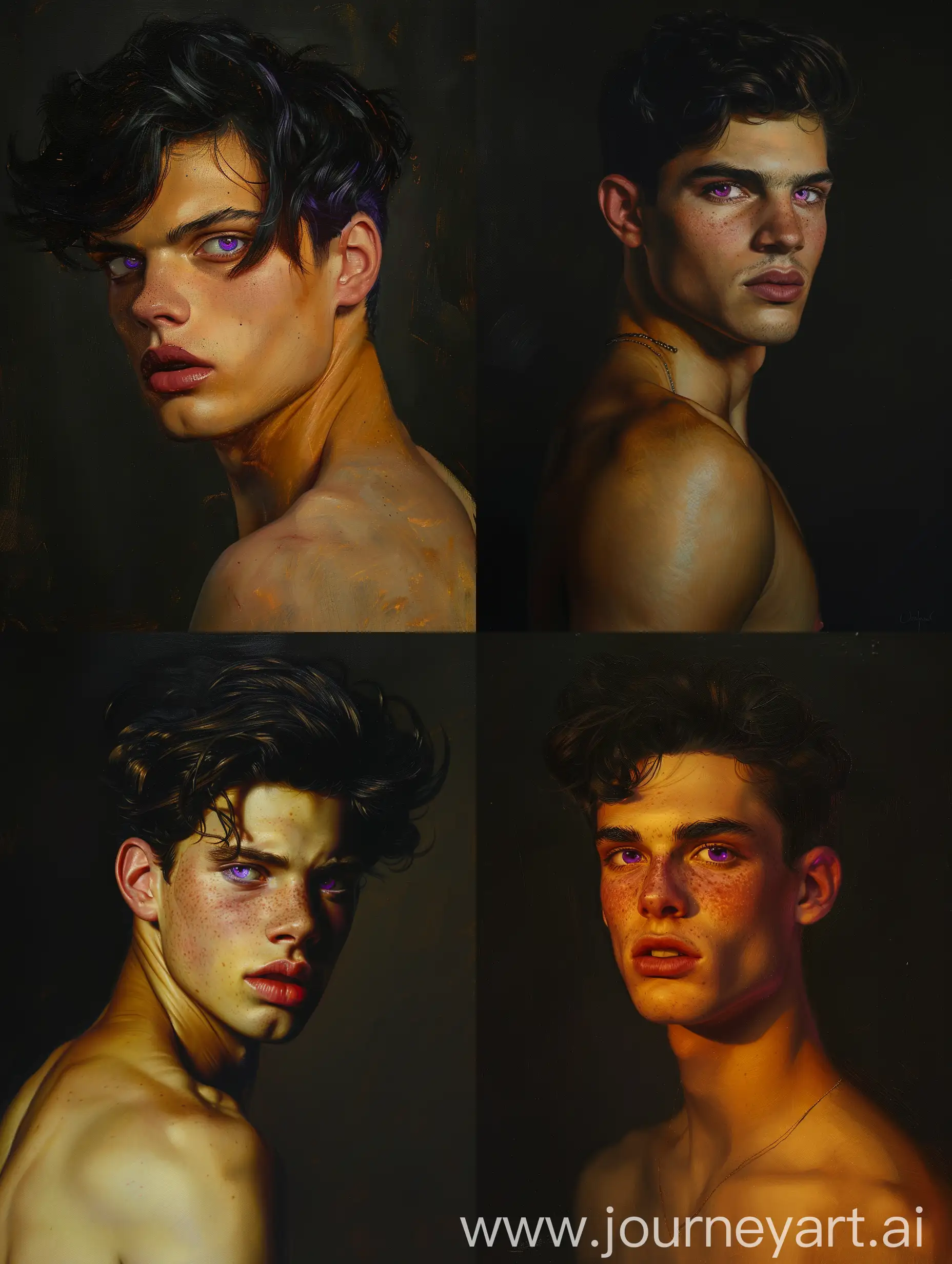 A hyperrealistic oil painting portrait. dramatic Caravaggio-style chiaroscuro lighting with strong directional source sculpting;; waist up view of an extremely handsome young man with golden skin, jet black hair, feminine beauty, lean, purple eyes. 