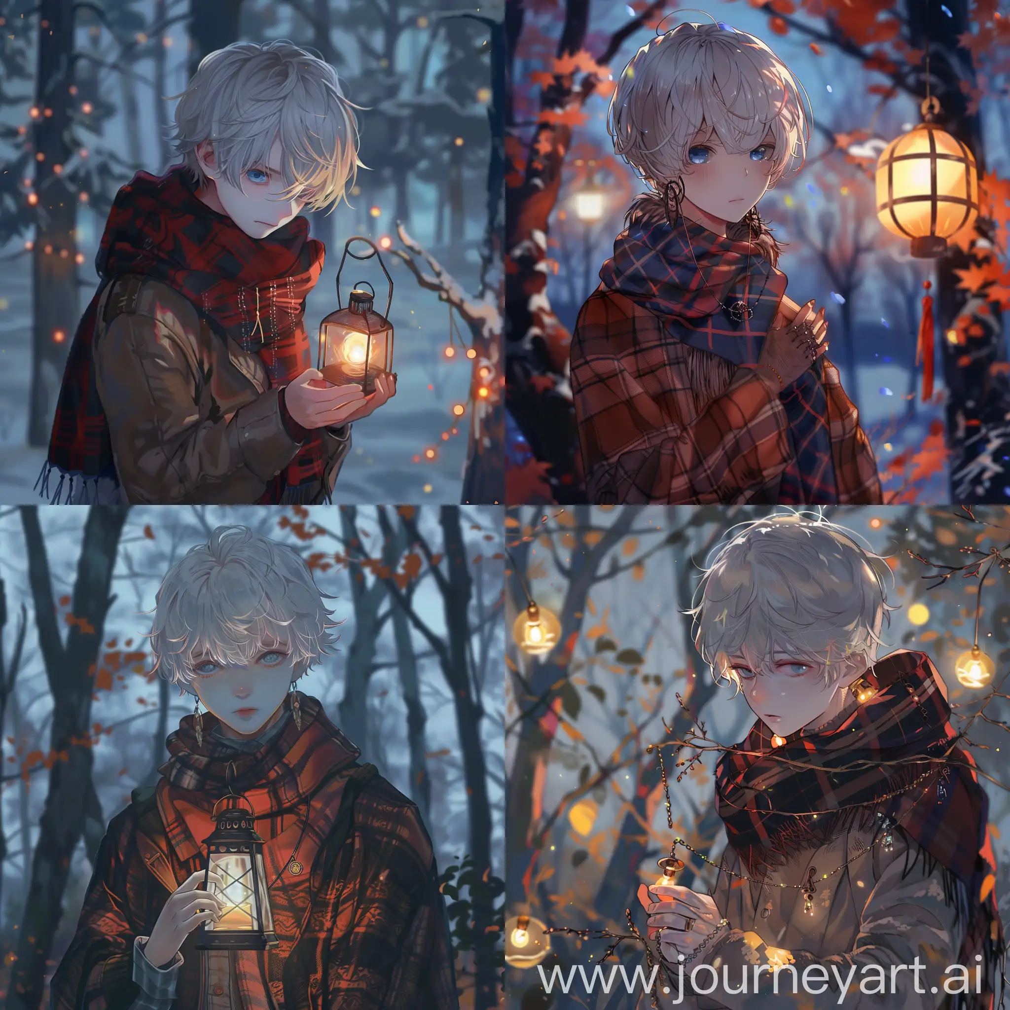 1boy, bangs, blue eyes, brown coat, coat, hair between eyes, holding, jacket, jewelry, lantern, long sleeves, looking down, male focus, necklace, open clothes, outdoors, paper lantern, plaid, plaid scarf, red scarf, scarf, short hair, solo, sweater, upper body, white hair