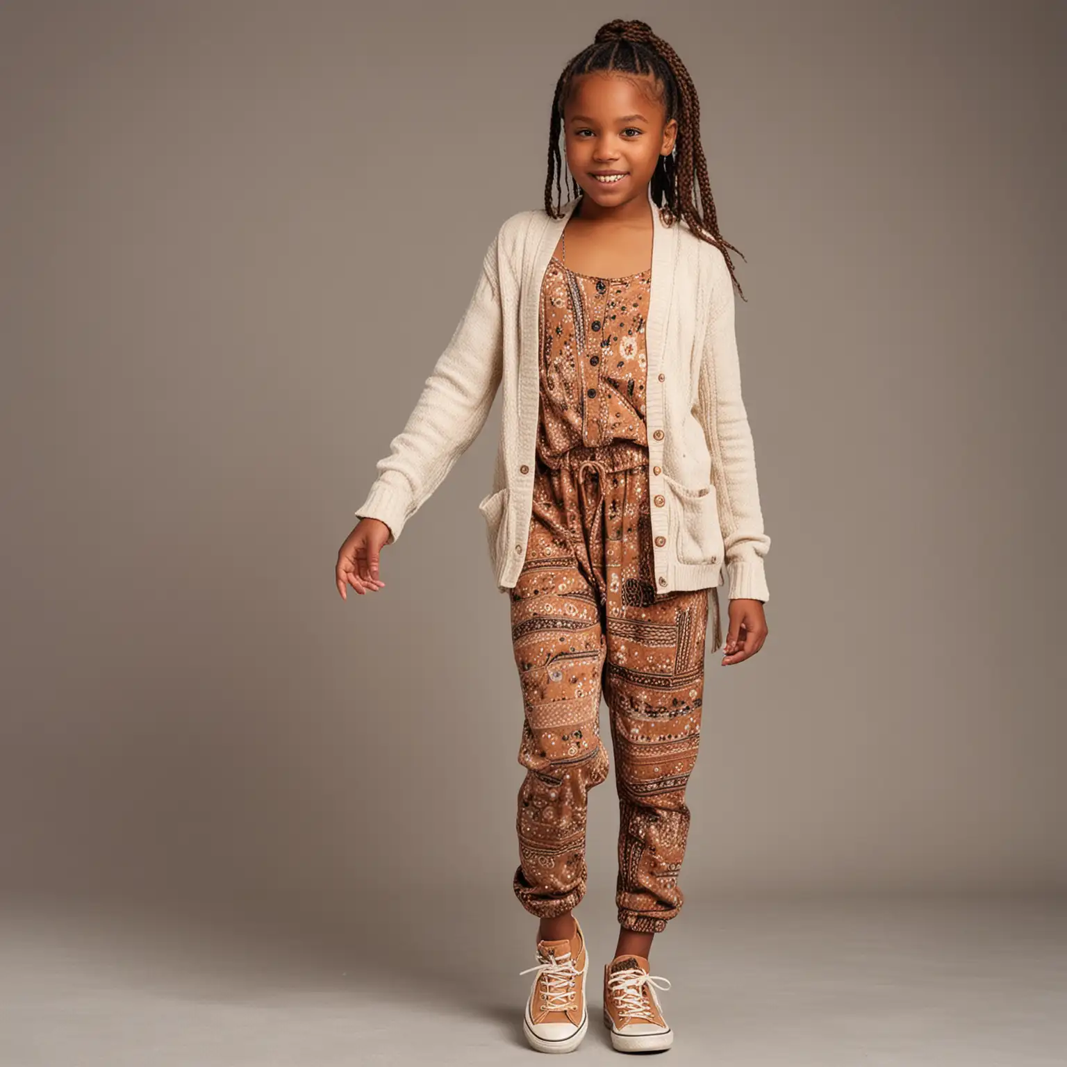  A 12-year-old black girl with braided hair dressed in cute boho jumpsuit and cardigan and tan or beige chucks. full-length portrait
