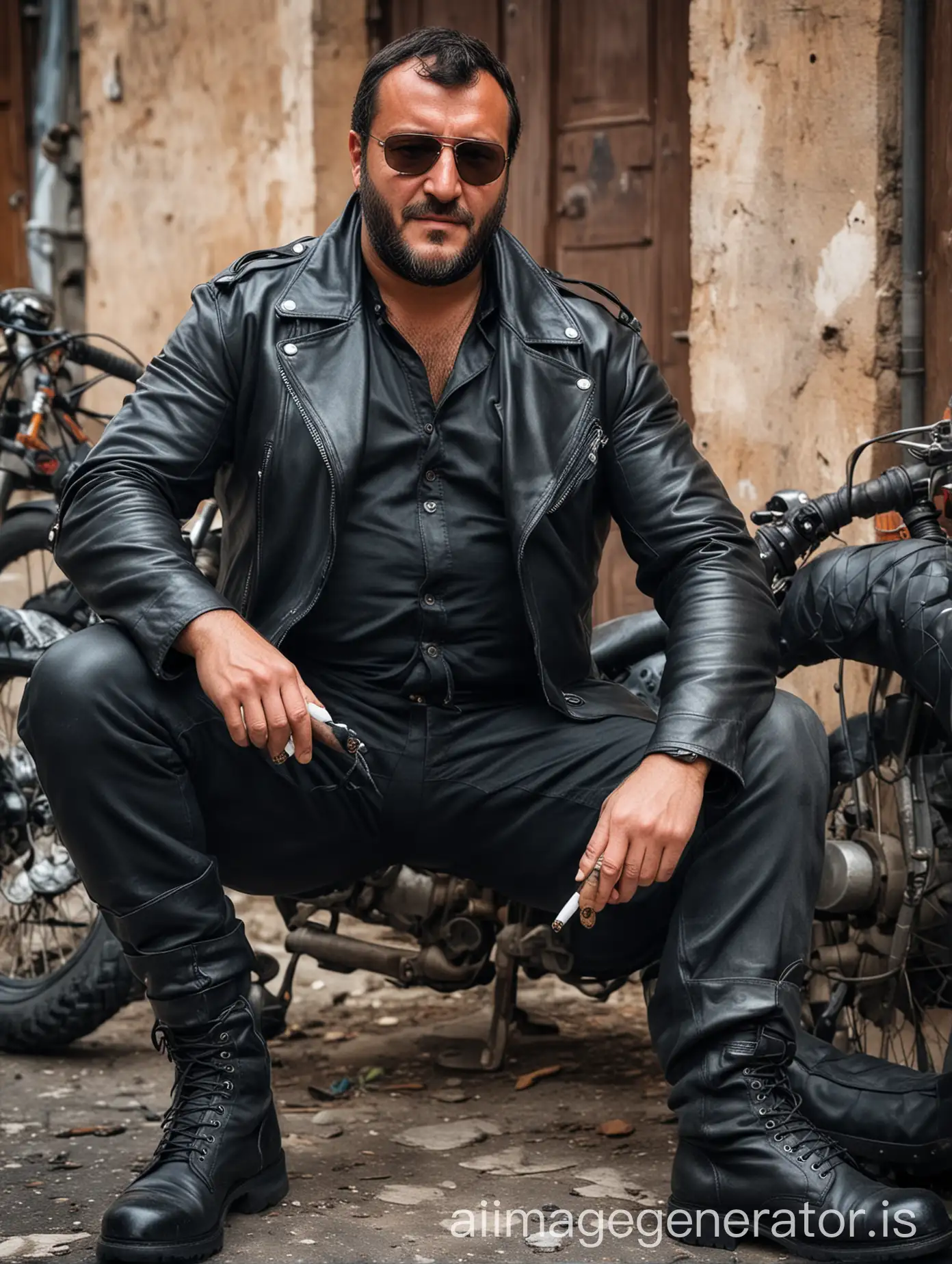 A powerful and ruggedly handsome Matteo Salvini muscled and bearded  biker black leathers dressed smoking a big cigar wearing glasses and black boots