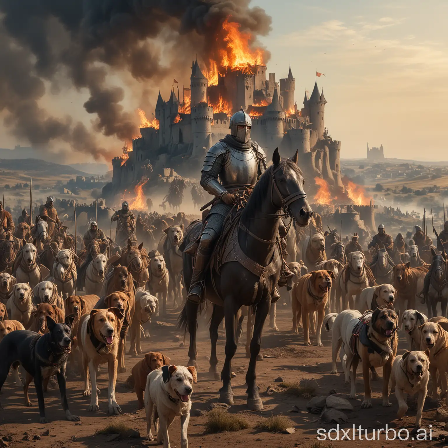 Knight-on-Horseback-Leading-Pack-of-Hunting-Dogs-with-Burning-Castle-in-Background