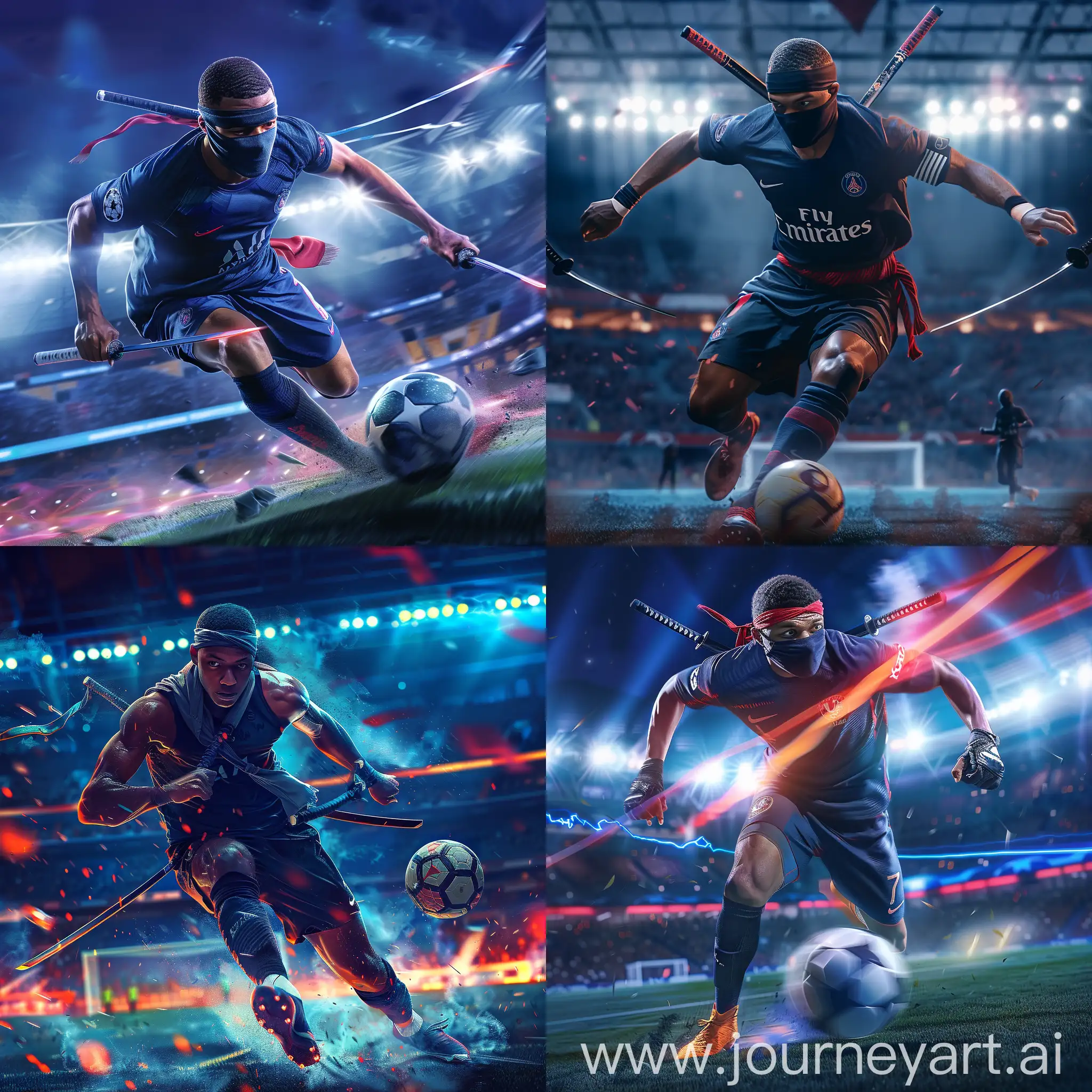 "Kylian Mbappé, wearing a short ninja mask, is seen running and dribbling a soccer ball. He has two katanas strapped to his back, adding a unique and dynamic element to his athletic form. The background showcases a soccer field with stadium lights illuminating the scene, highlighting his intense focus and speed. The overall atmosphere is energetic and action-packed, with a blend of athleticism and ninja elements."