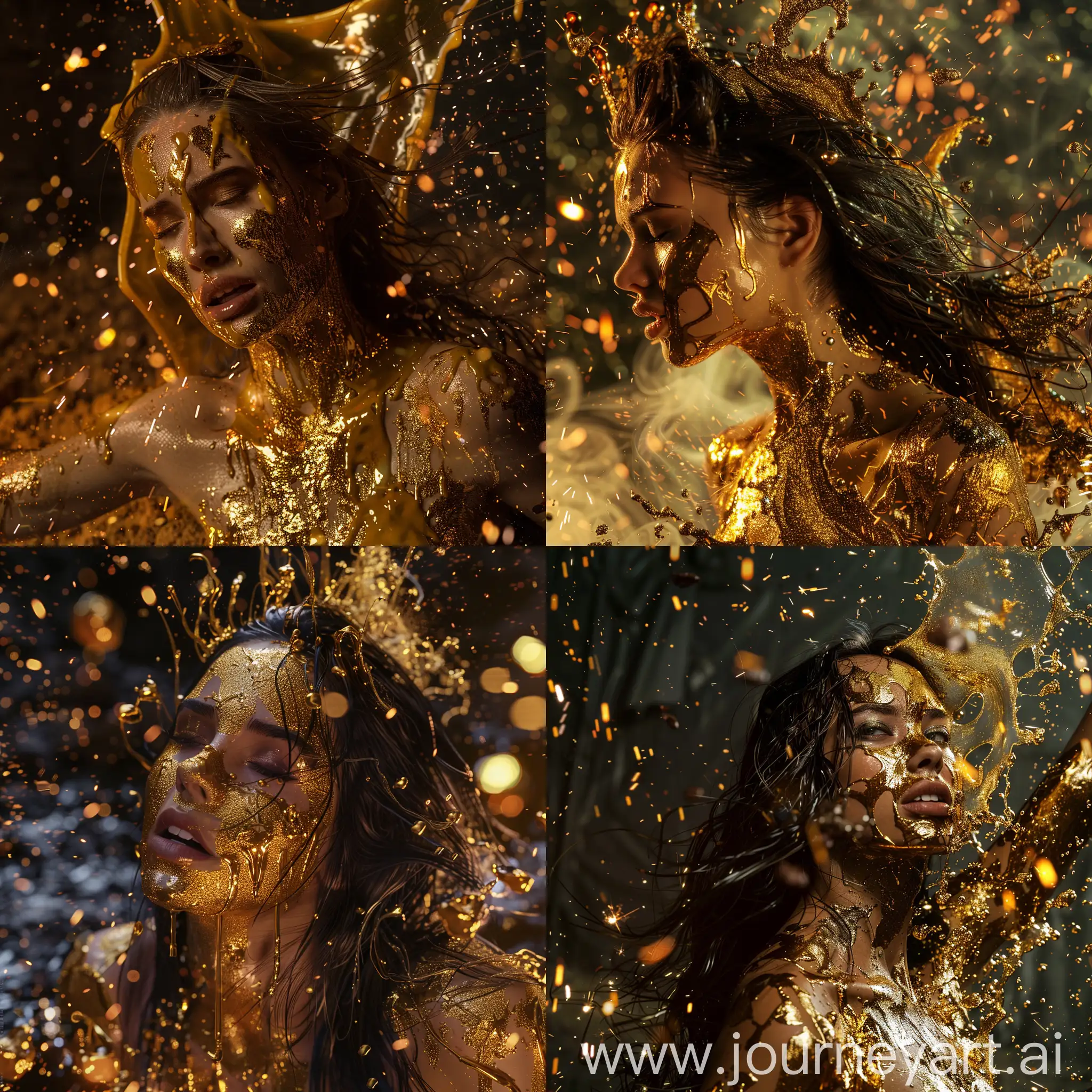 A beautiful woman doused in liquid gold, in an unusual modeling pose, her face and hair covered with gold, with hot ashes and gold splashes and sparks all around her, photorealism, professional photo, high detail, sharp lines, 85 mm lens, 4k, hdr