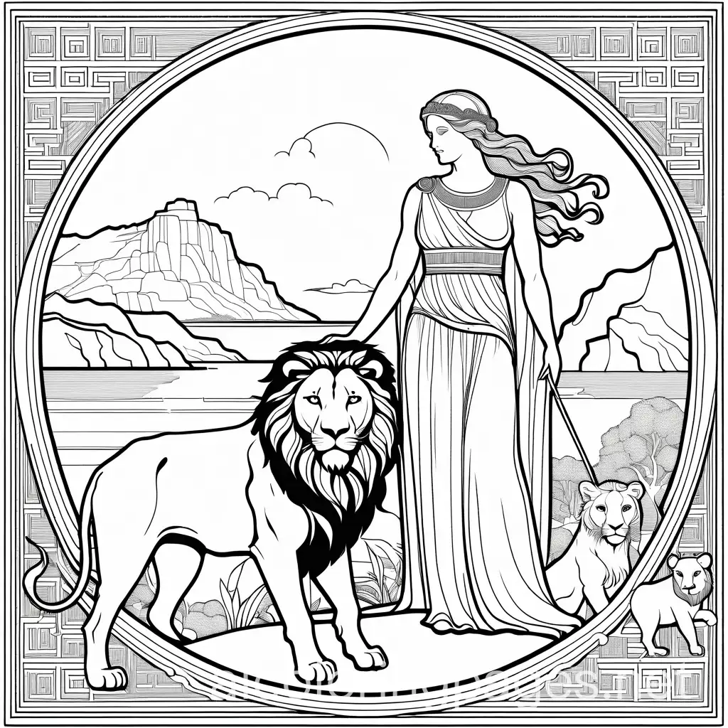 The Greek goddess Circe with a lion on an island, Coloring Page, black and white, line art, white background, Simplicity, Ample White Space. The background of the coloring page is plain white to make it easy for young children to color within the lines. The outlines of all the subjects are easy to distinguish, making it simple for kids to color without too much difficulty