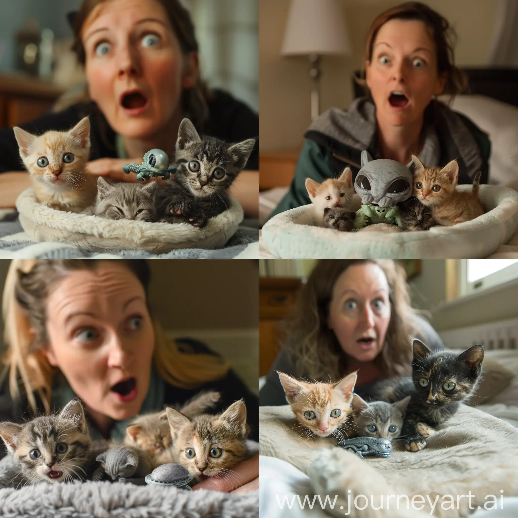 Woman-Astonished-by-Kittens-Cuddling-Alien