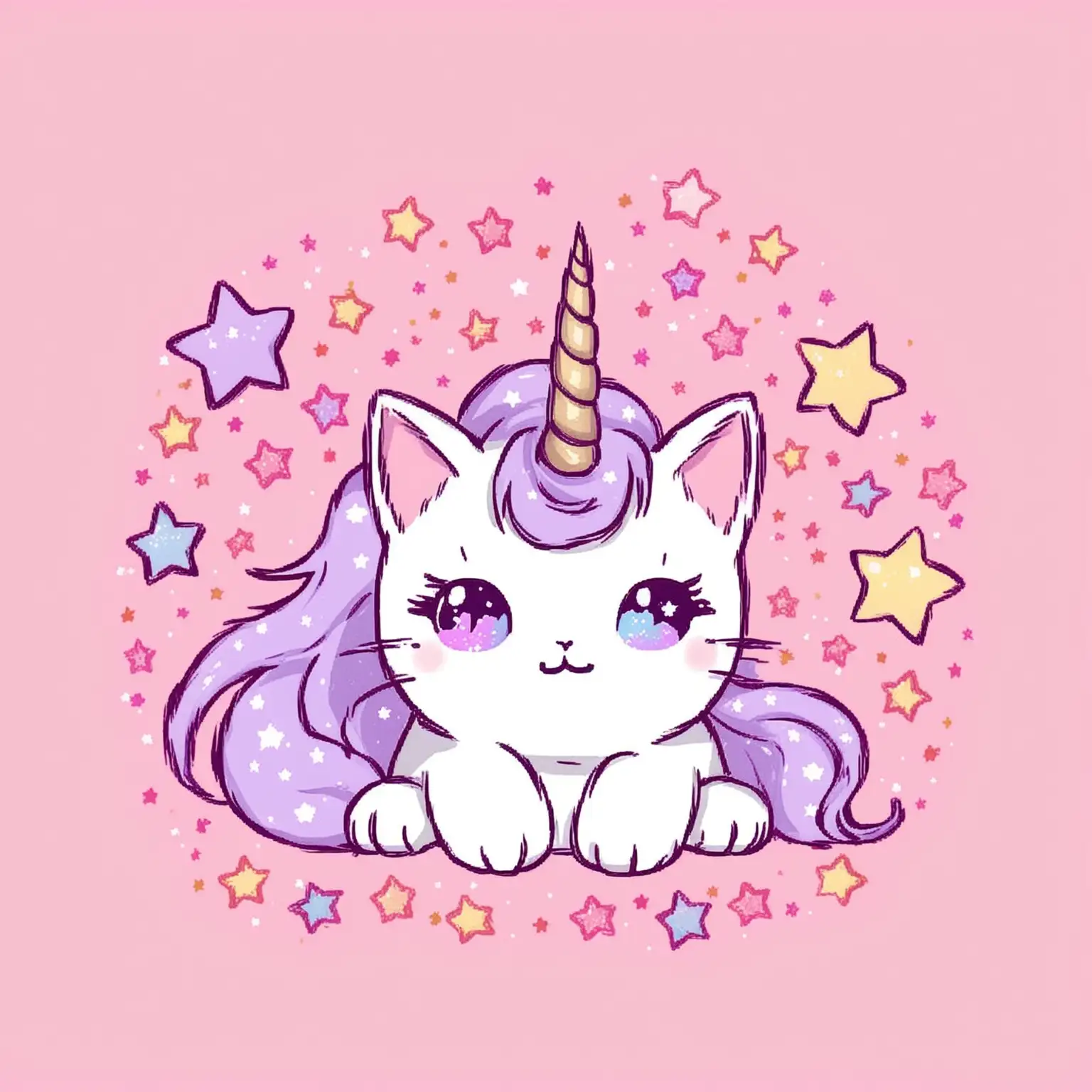Cat with unicorn horn pink background with stars cute with cat smaller in the middle