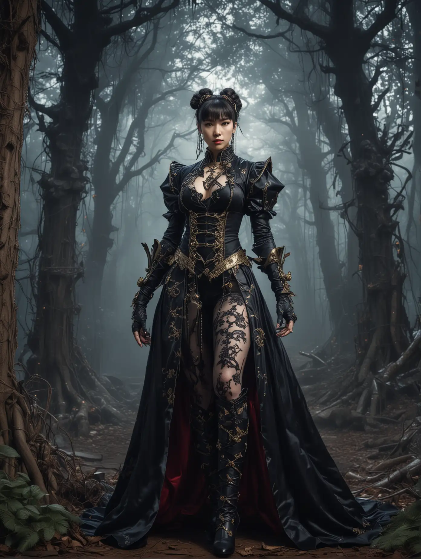 Mystical Chun Li in gothic attire, baroque punk style, elaborate, background enchanted fairytale forest