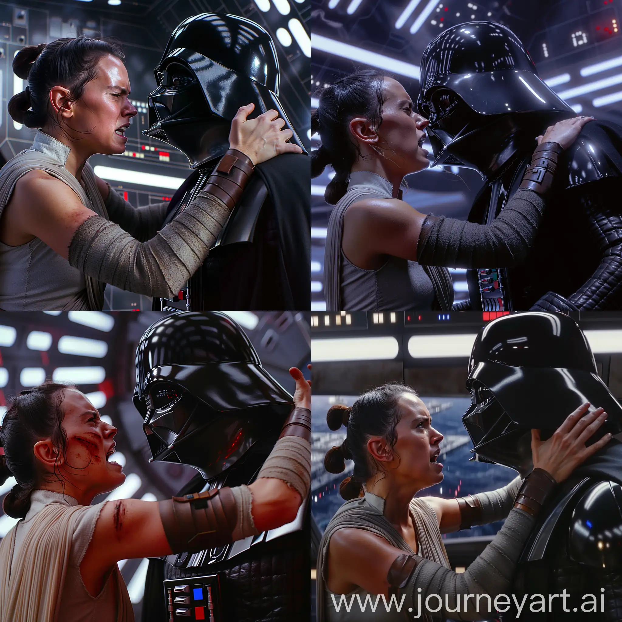 hyper-realistic images from the new Star Wars film, with a very furious Rey Skywalker facing Darh Vader face to face with her hand on his neck, angle focusing on her face, on the ship, in 8k resolution