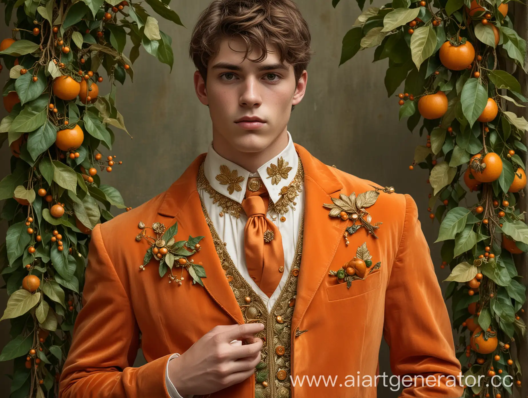 Stylish-Young-Man-in-Persimmon-Suit-with-Peach-Brooch-and-Emerald-Accents-Holding-Sickles