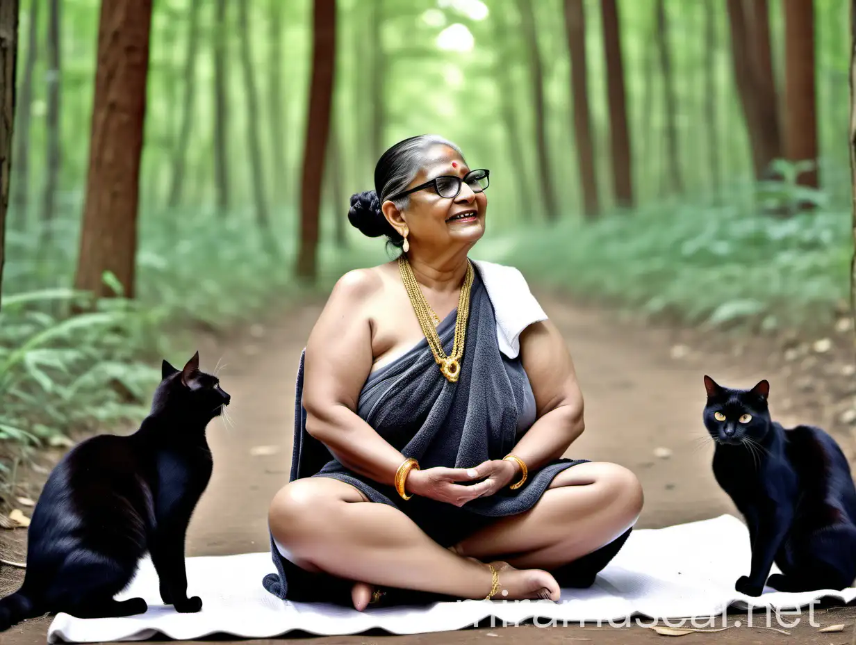 Mature Indian Woman Meditating in Forest with Cat Companion