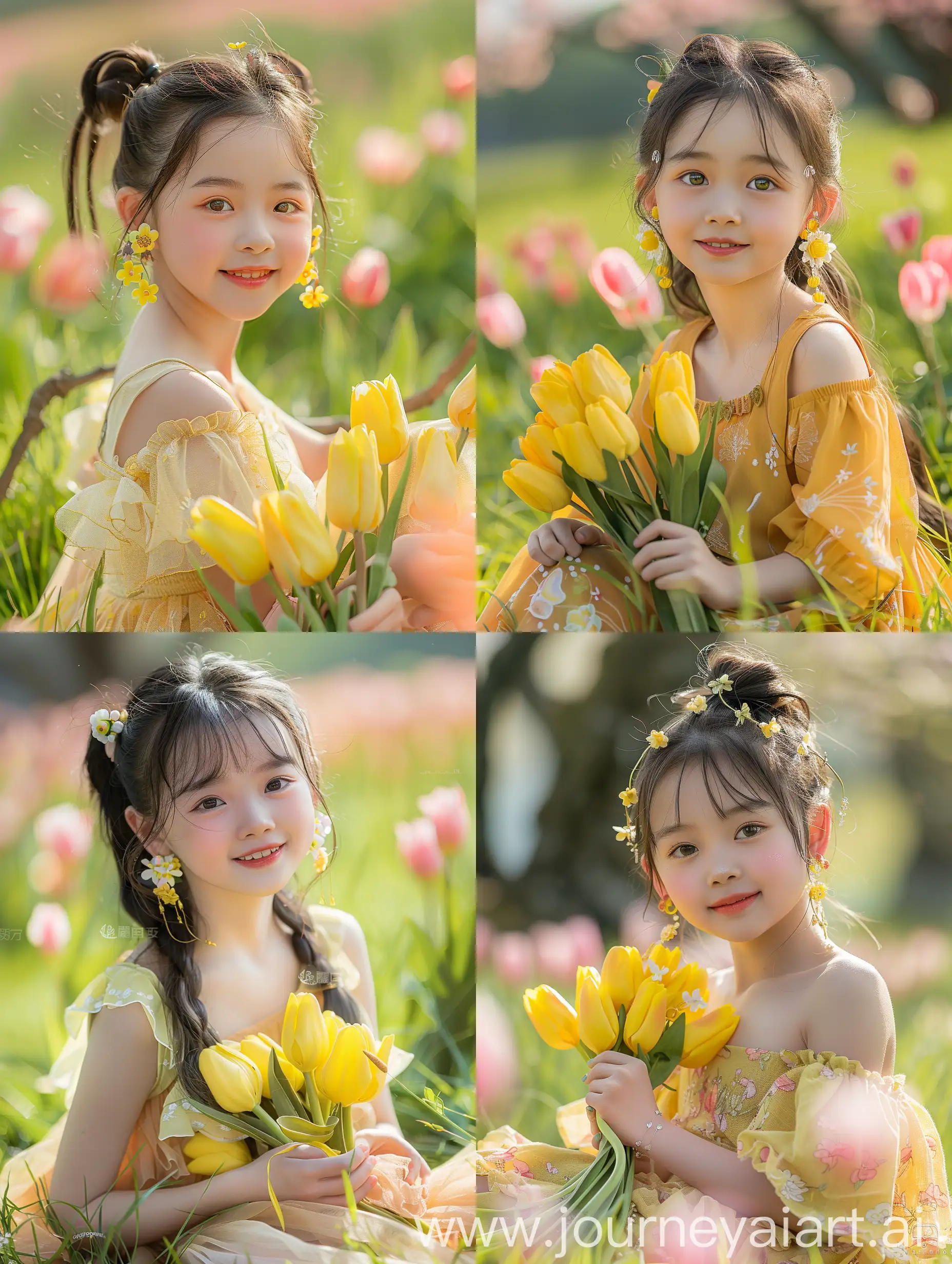 Sweet-Chinese-Girl-with-Yellow-Tulips-in-Vibrant-Field