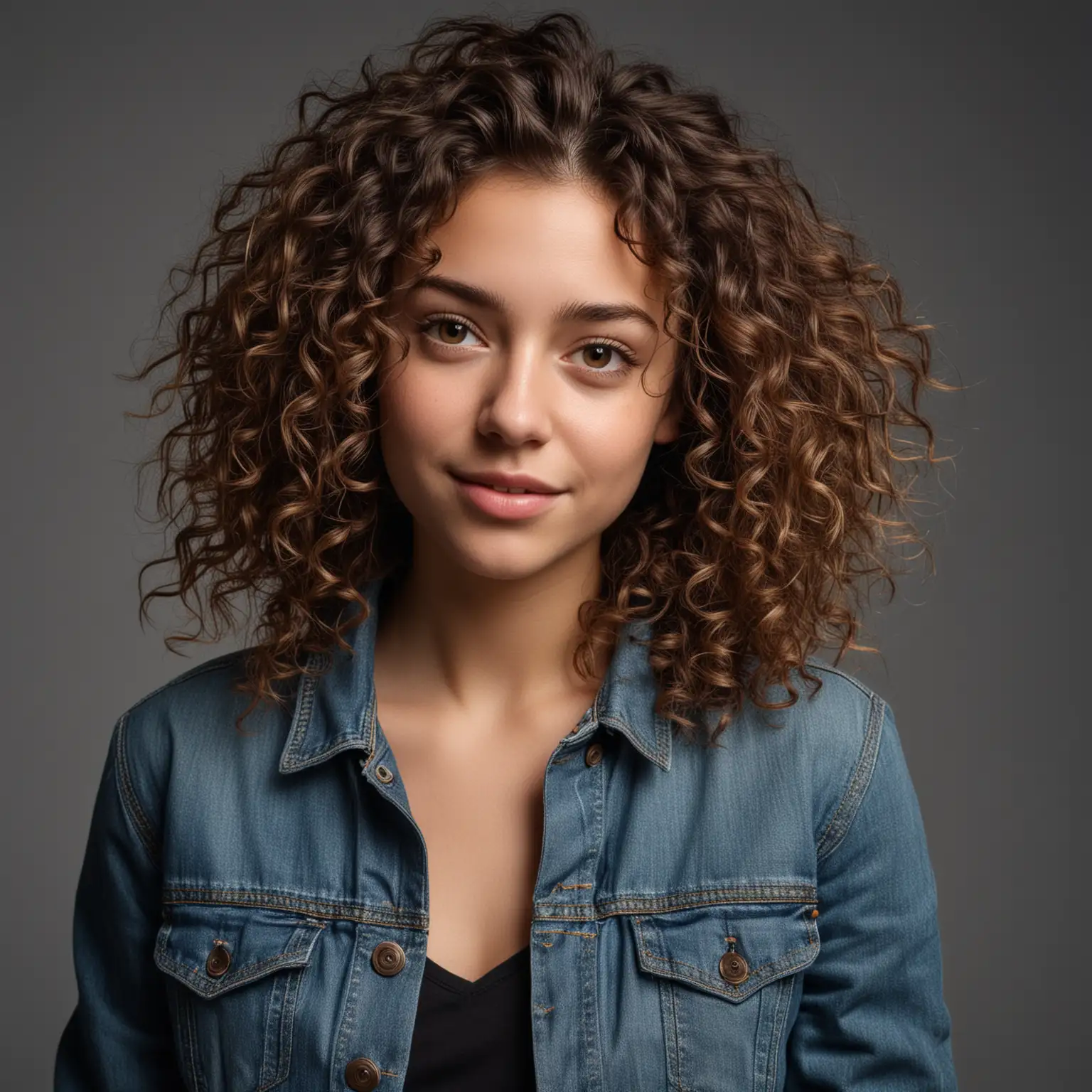 A young woman with medium-length, tousled curly hair is photographed against a gray background. She is wearing a denim jacket over a black top, and has a relaxed, confident expression on her face. The image highlights her natural beauty and stylish, casual look.