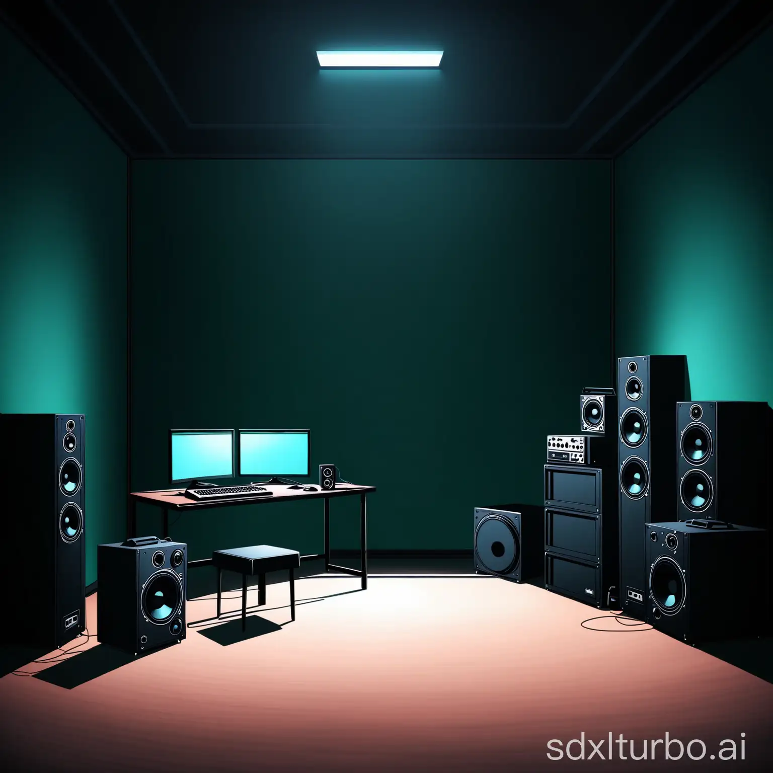 The screen is initially dark, gradually brightening to reveal the empty room. The room is simple, but one side shows personal items along with music equipment. This symbolizes the protagonist's inner world and creative space.