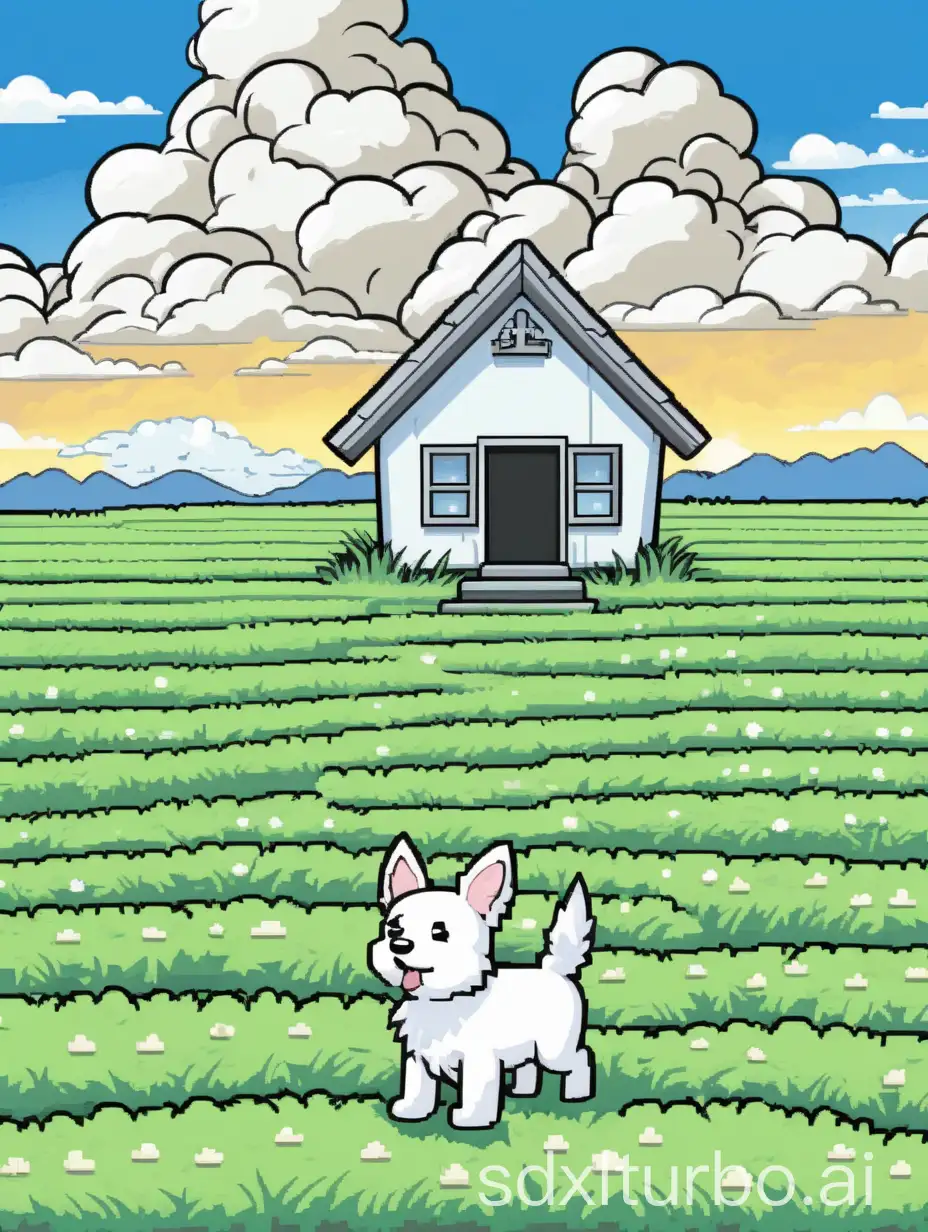 Cartoon-Dog-House-with-Pixelated-Grass-under-Blue-Sky-and-White-Clouds