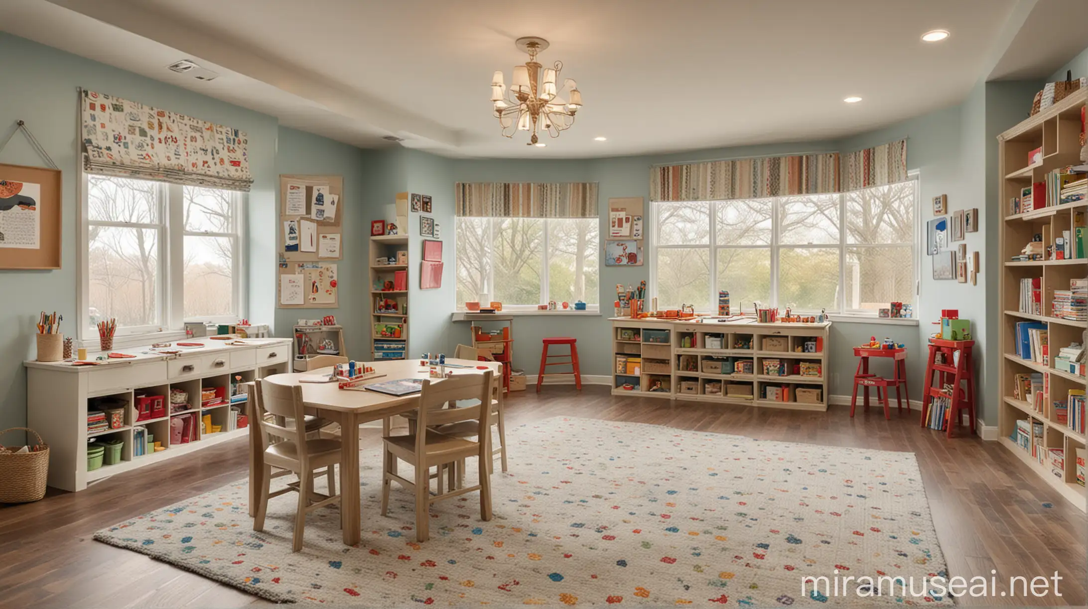 A creative playroom with a designated area for arts and crafts. 