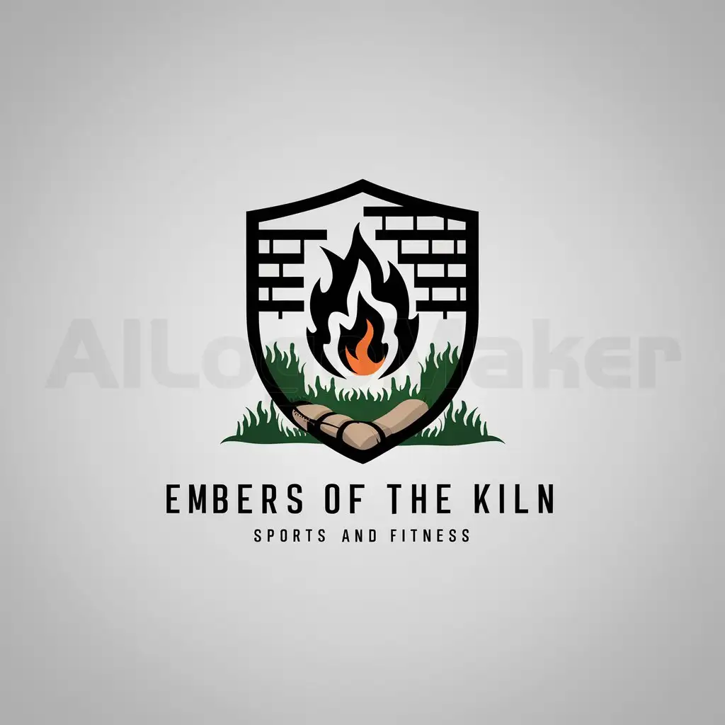 a logo design,with the text "EMBERS of the Kiln", main symbol:Shield Logo with EMBERS of The Kiln fire and bricks grass and sandbag all inside of the shield,Minimalistic,be used in Sports Fitness industry,clear background