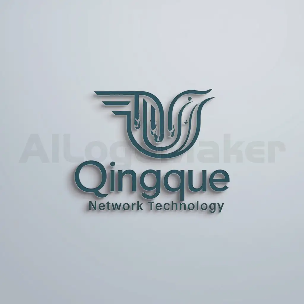 a logo design,with the text "Qingque Network Technology", main symbol:blue colored bird, have wood have fire have light,Minimalistic,be used in Internet industry,clear background