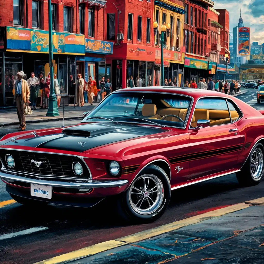 Create colorful painting that is done on canvas that is no humans just a classic muscle car ford mustang in the city realistic colors
