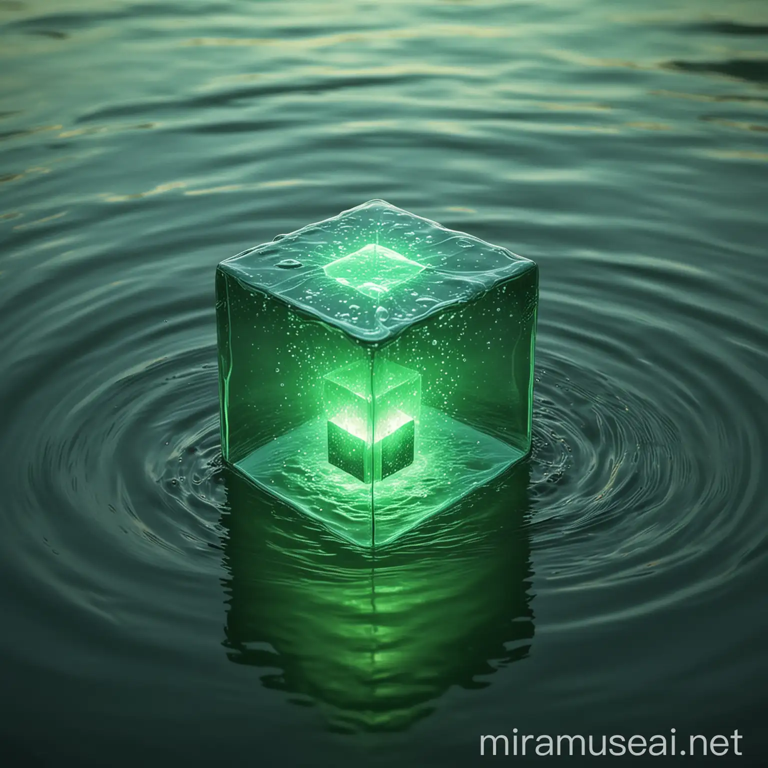 Futuristic Glowing Green Cube with Captured Souls in Natural Setting