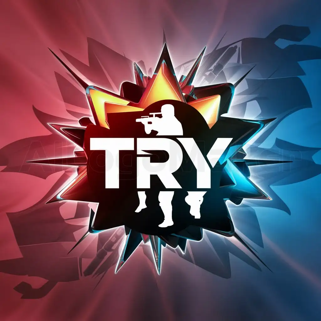 a logo design,with the text "TRY", main symbol:a logo design,with the text 'TRY', main symbol:logo for a game similar to counter strike 2, should be drawn: player, weapon, explosion, all on a gradient red-blue background,be used in Entertainment industry,clear background,complex,be used in Entertainment industry,clear background