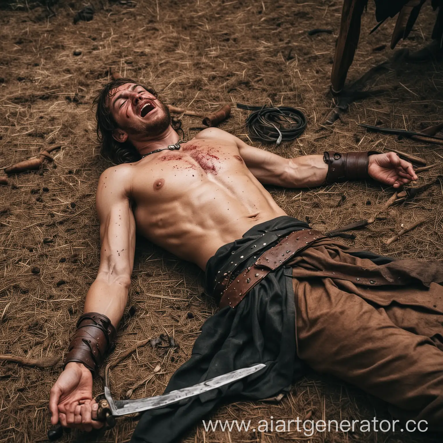 раненый в живот средневековый боец
