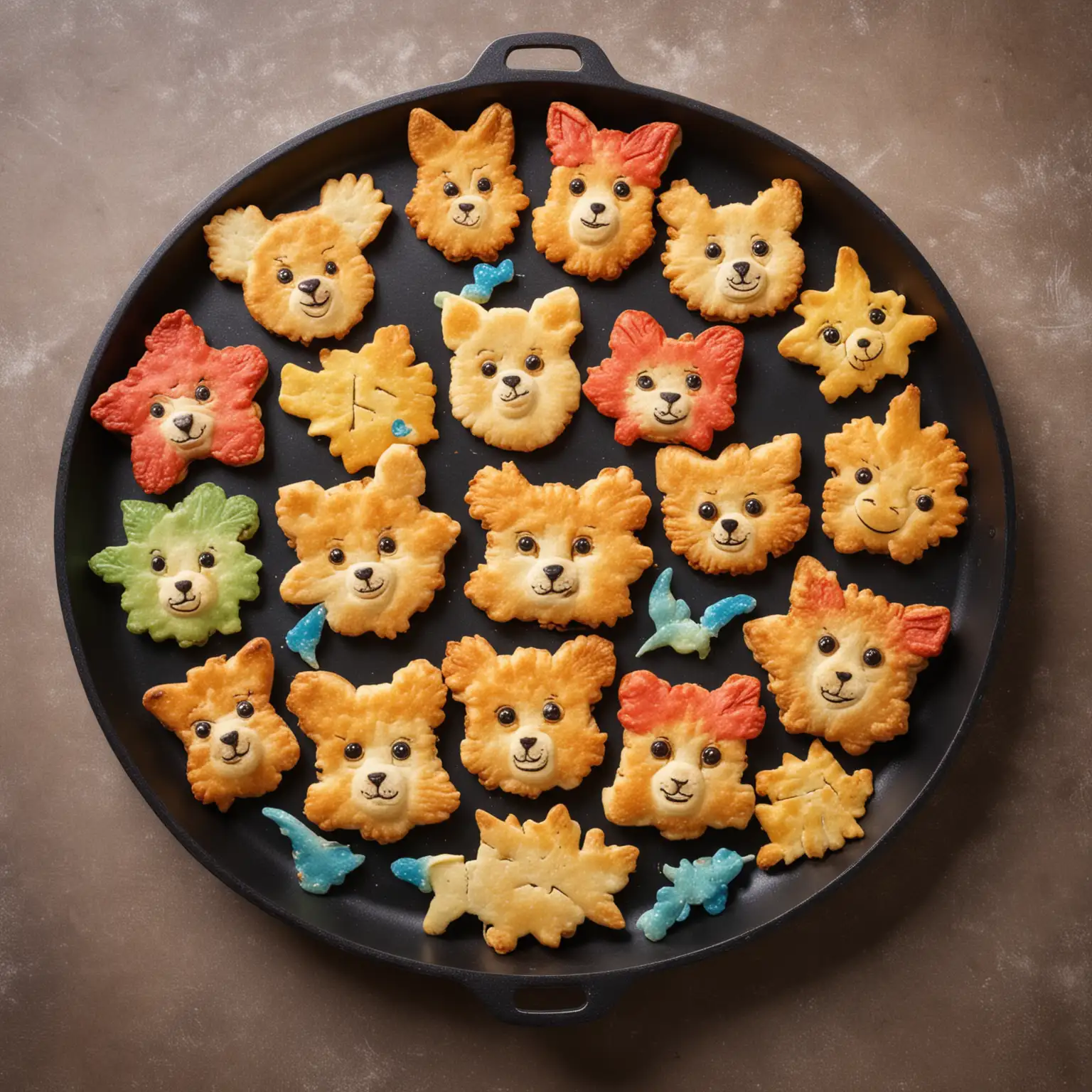 Fried crackers in various colorful animal shapes on a frying pan