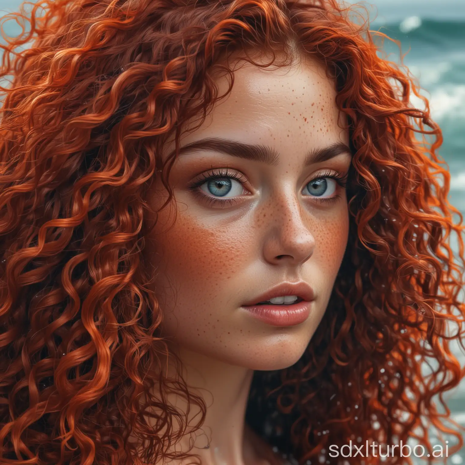 a closeup oil painting of an extremely beautiful woman with freckles big blue grey eyes, and fiery red textured curly long hair, double exposure with  the surface of an ocean. Hyper-realism. 8k. Hyperrealistic, splash art, concept art, mid shot, intricately detailed, color depth, dramatic, 2/3 face angle, side light, colorful background