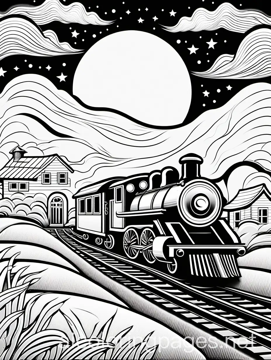 A misty ghost train flying over a farmhouse at night, and the moon's in the clouds., Coloring Page, black and white, line art, white background, Simplicity, Ample White Space. The background of the coloring page is plain white to make it easy for young children to color within the lines. The outlines of all the subjects are easy to distinguish, making it simple for kids to color without too much difficulty, Coloring Page, black and white, line art, white background, Simplicity, Ample White Space. The background of the coloring page is plain white to make it easy for young children to color within the lines. The outlines of all the subjects are easy to distinguish, making it simple for kids to color without too much difficulty