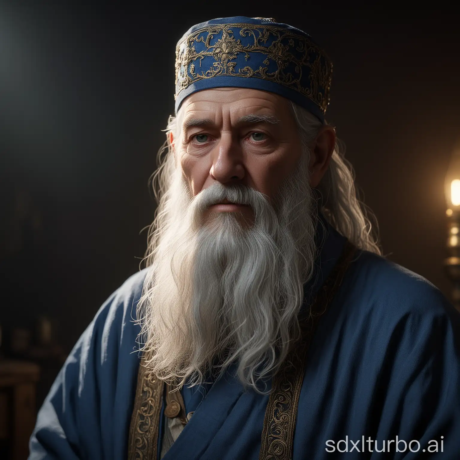 an elderly man with gray hair and long beard, dressed in a blue robe and Dharma hat from the time of the Middle Ages, with cinematic lighting, using Unreal Engine 5, for cinematic purposes, color grading, editorial photography, photography, photoshoot, shot on a 70mm lens, with depth of field, tilt blur, shutter speed of 1/1000, f-stop of 22, white balance, 32k, super-resolution, megapixel, ProPhoto RGB, virtual reality, tall, epic, in the style of Artgerm and Alex Ross, Halfrear lighting, backlight, natural lighting, incandescent lighting, optical fiber, moody lighting, cinematic lighting, studio lighting, soft lighting, volumetric lighting, contre-jour, dark lighting, accent lighting, global illumination, screen space global illumination, ray tracing global illumination, red rim light, and a cool color grading of 45%,