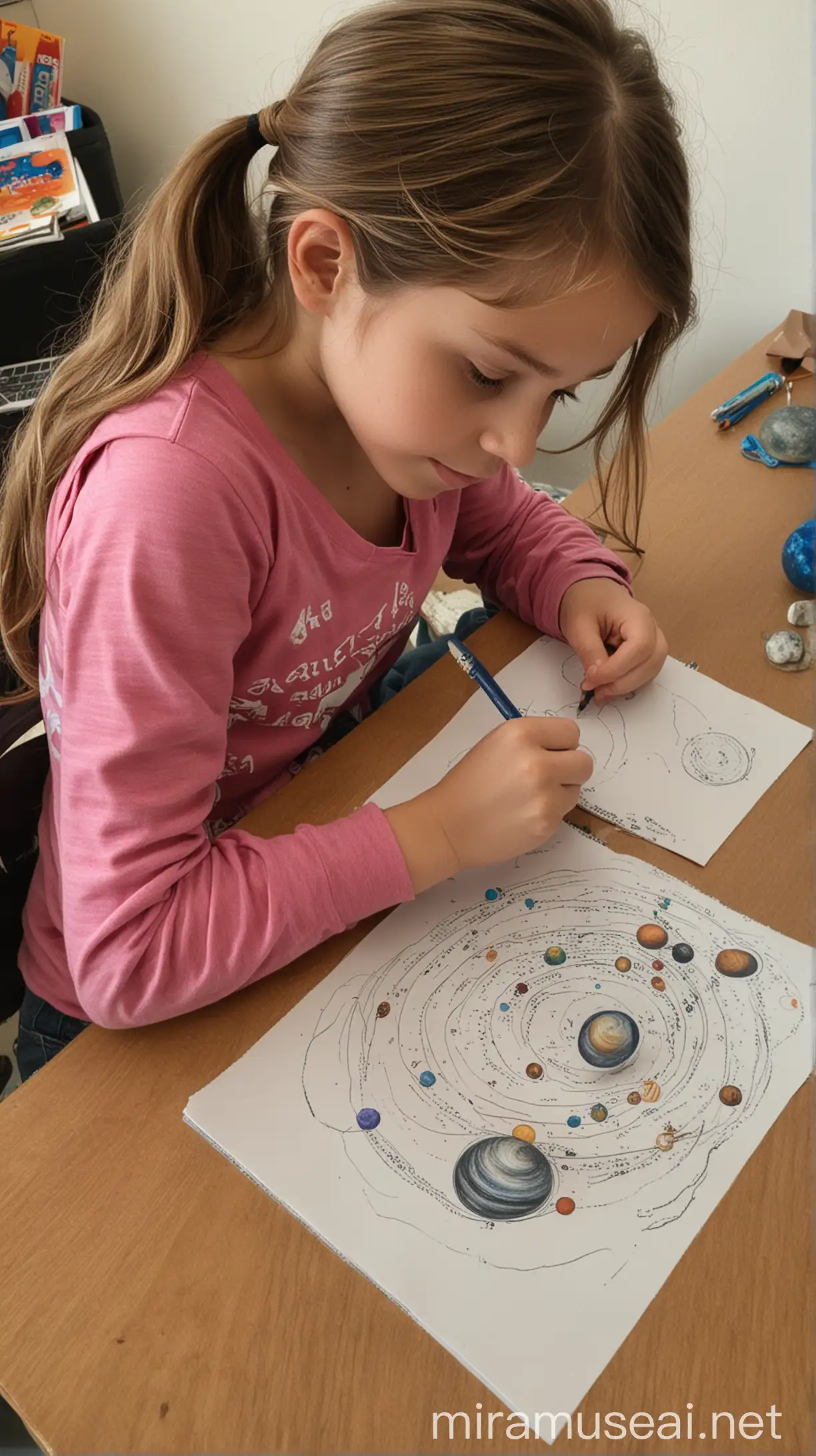An elementary school student doing homework. She is drawing, and has a picture book of the planets in our solar system.
