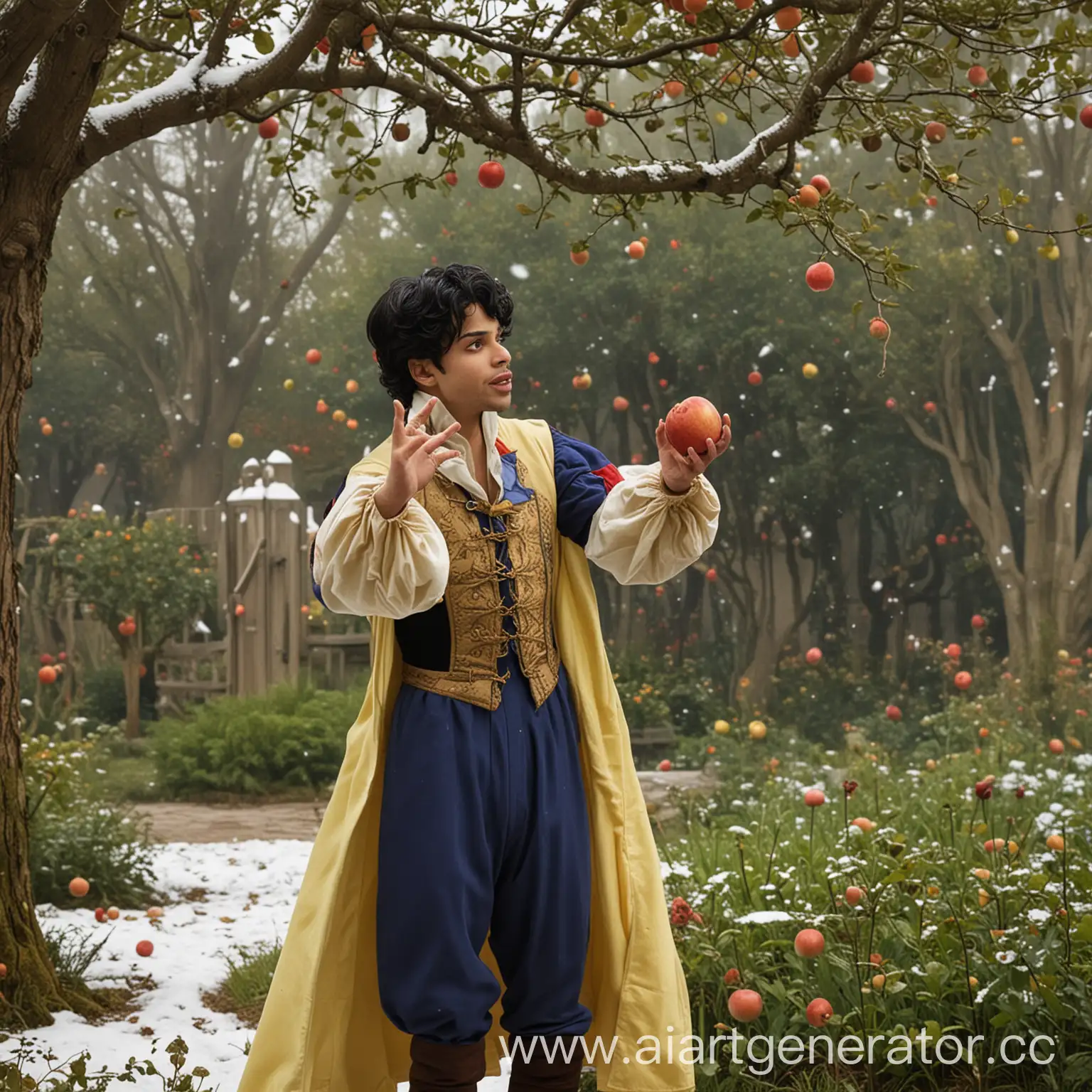 Принц подкидывает в сад Белоснежки яблоко
